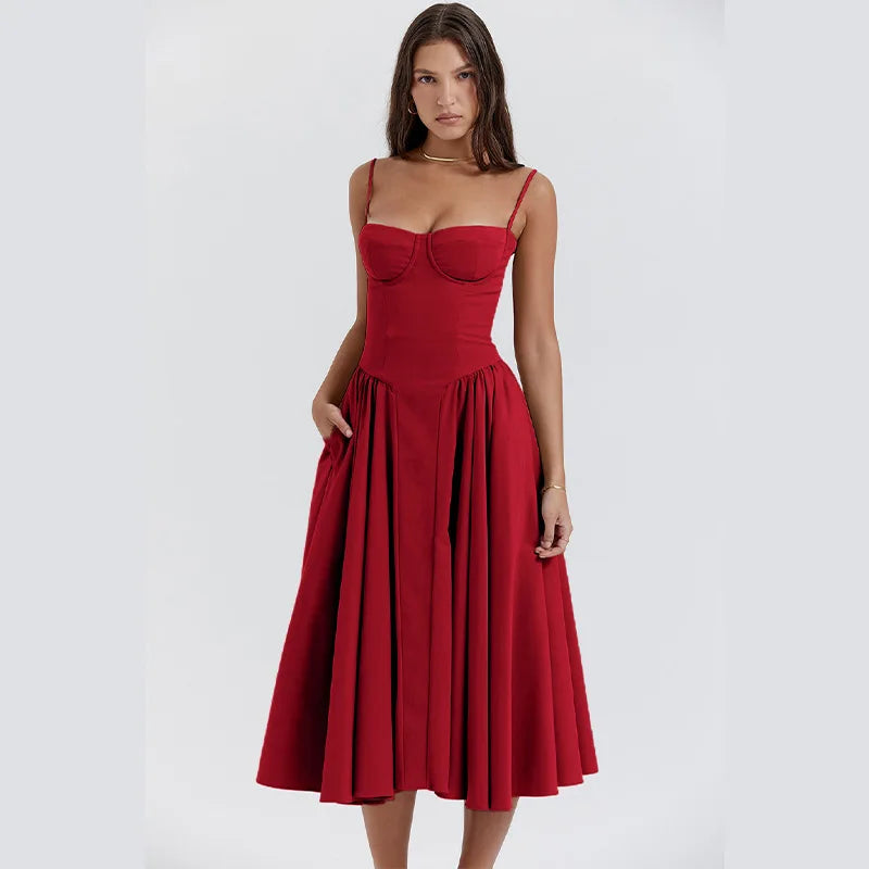 Solid Pleated Hem Sleeveless Midi Dress