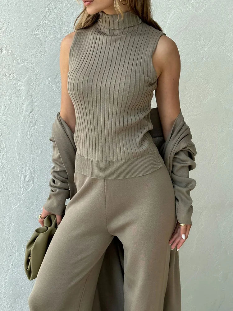 3-Piece Knitted Set - Turtleneck Vest, Long Cardigan, and Pants