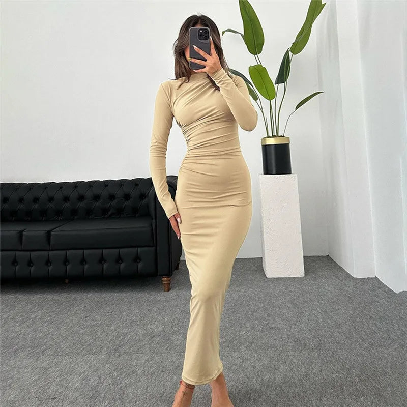 Elegant Ruched Long Bodycon Dress - Club Party Outfit