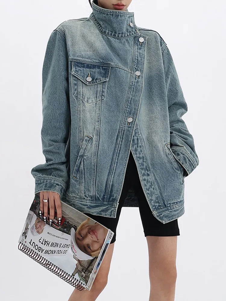 Turtleneck Single-Breasted Patchwork Denim Coat