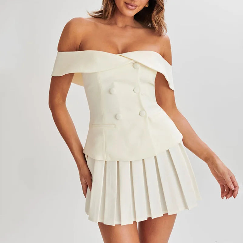 2 Piece Off Shoulder Top And Pleated Mini Skirt