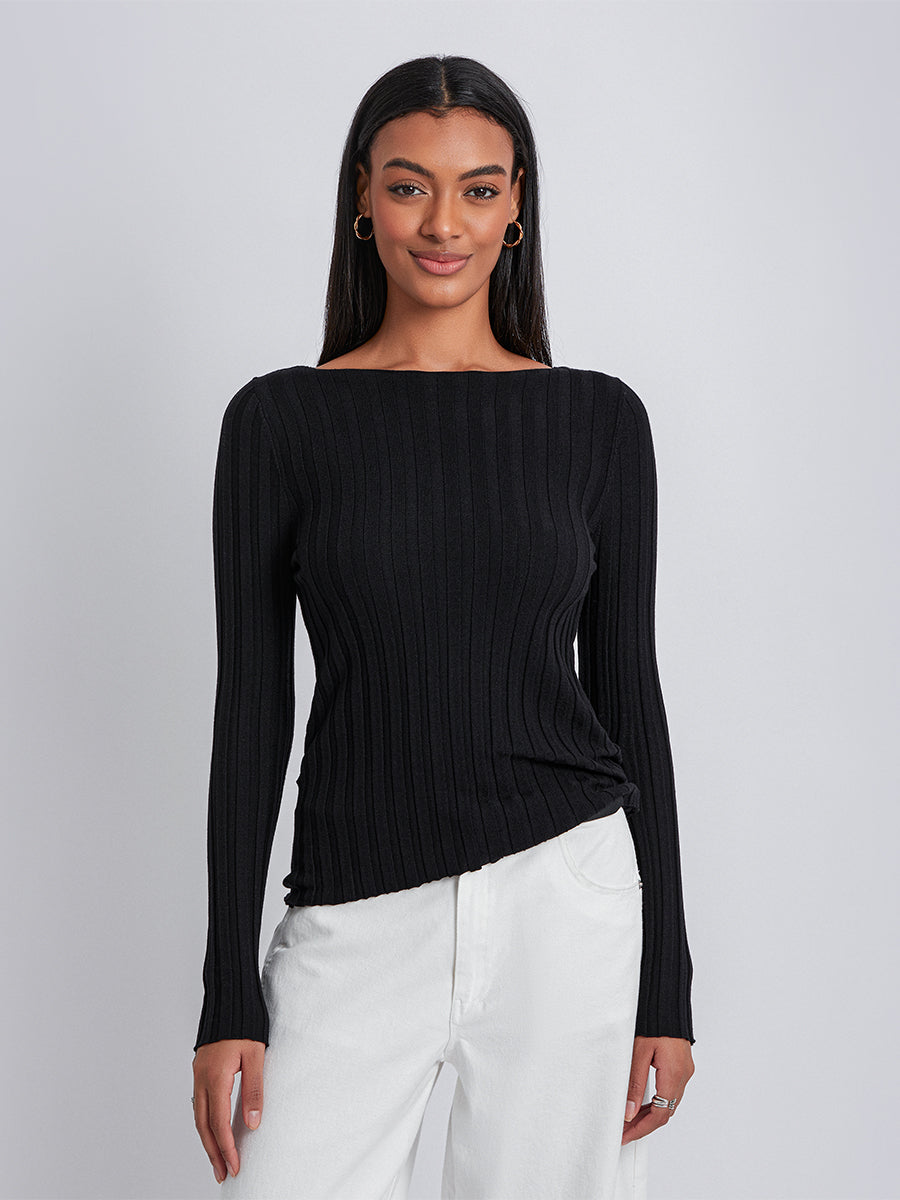 Long Sleeve Ribbed Knit Crewneck Sweater