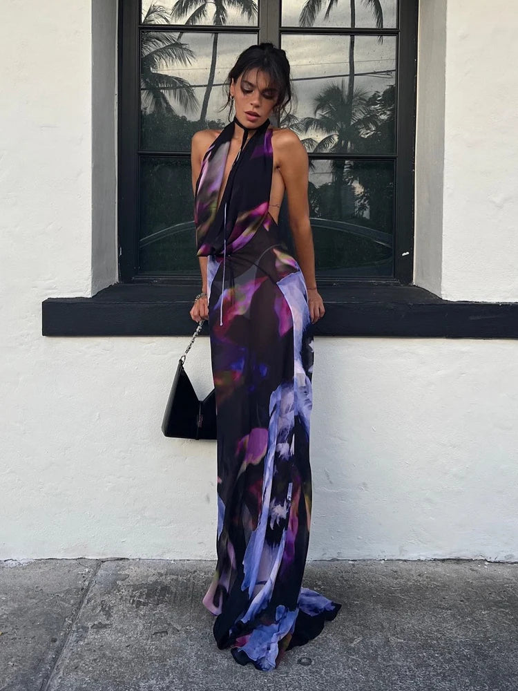 Purple Print Halter Backless Bodycon Maxi Dress