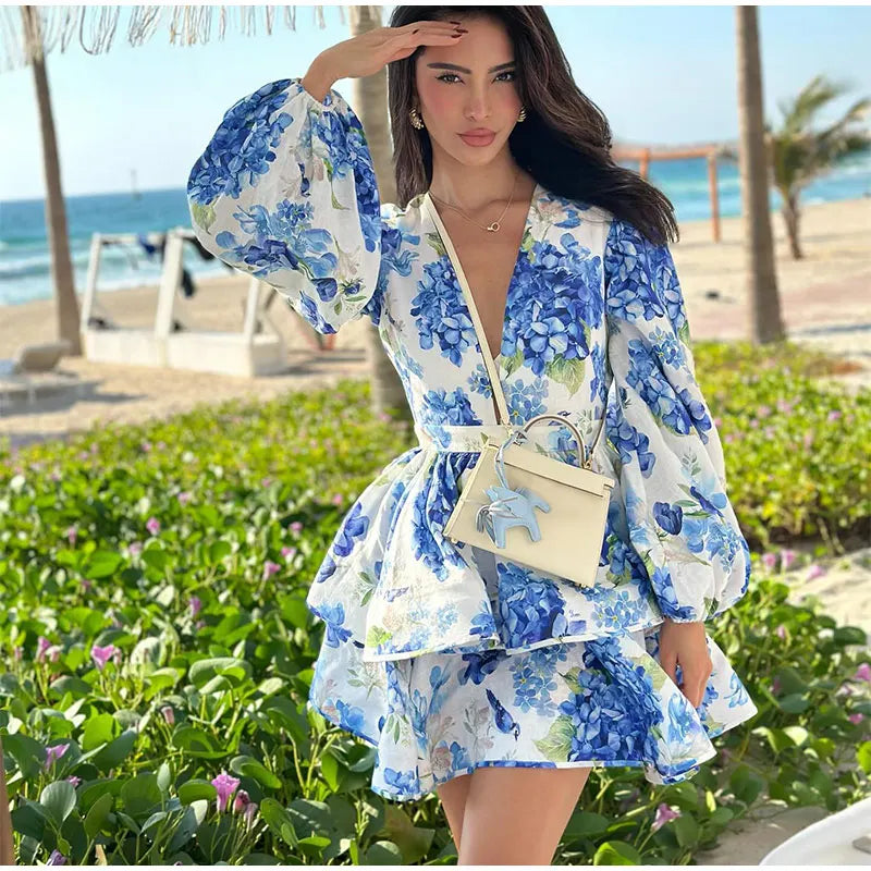 Floral Print V-Neck Ruffle Mini Dress with Puff Sleeves