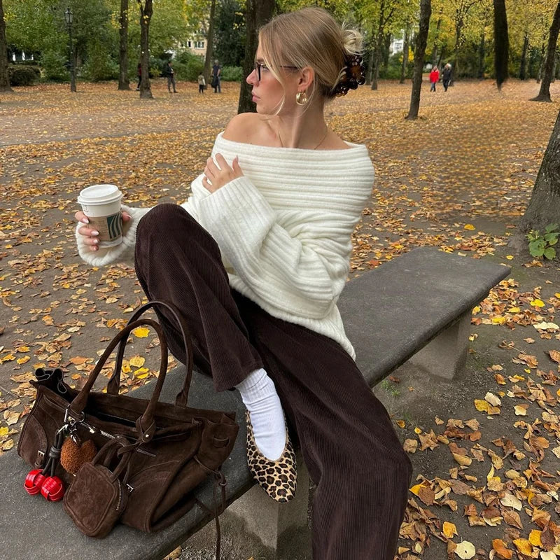 Off-Shoulder Ribbed Knit Sweater