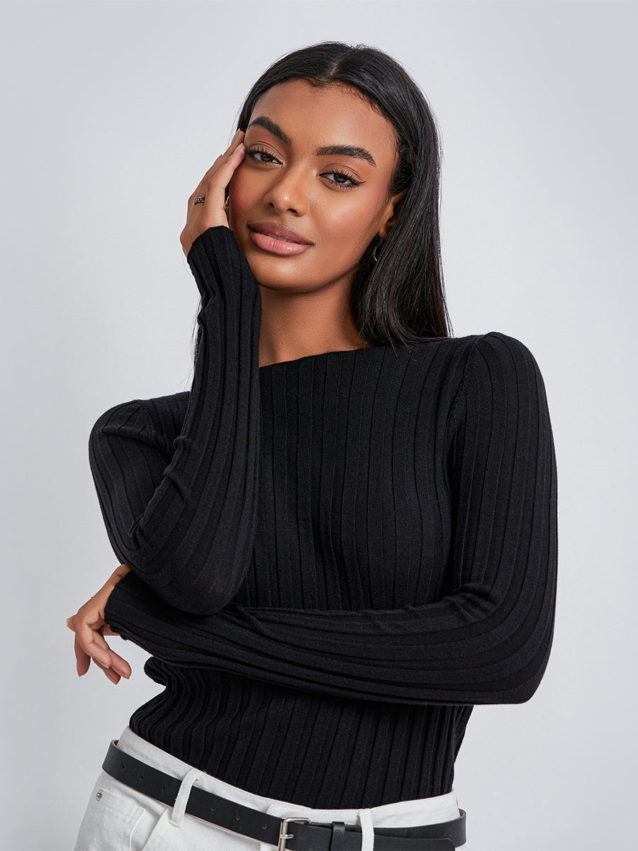 Long Sleeve Ribbed Knit Crewneck Sweater