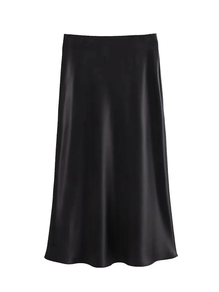 Satin Solid Pleated Vintage Midi Skirt