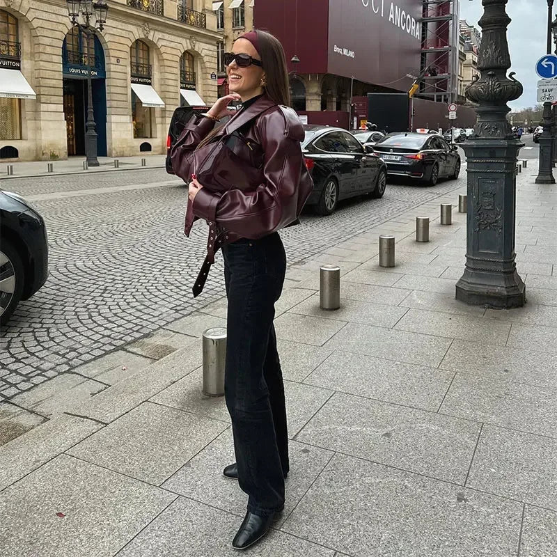 Cherry Red Cropped Leather Jacket with Lapel