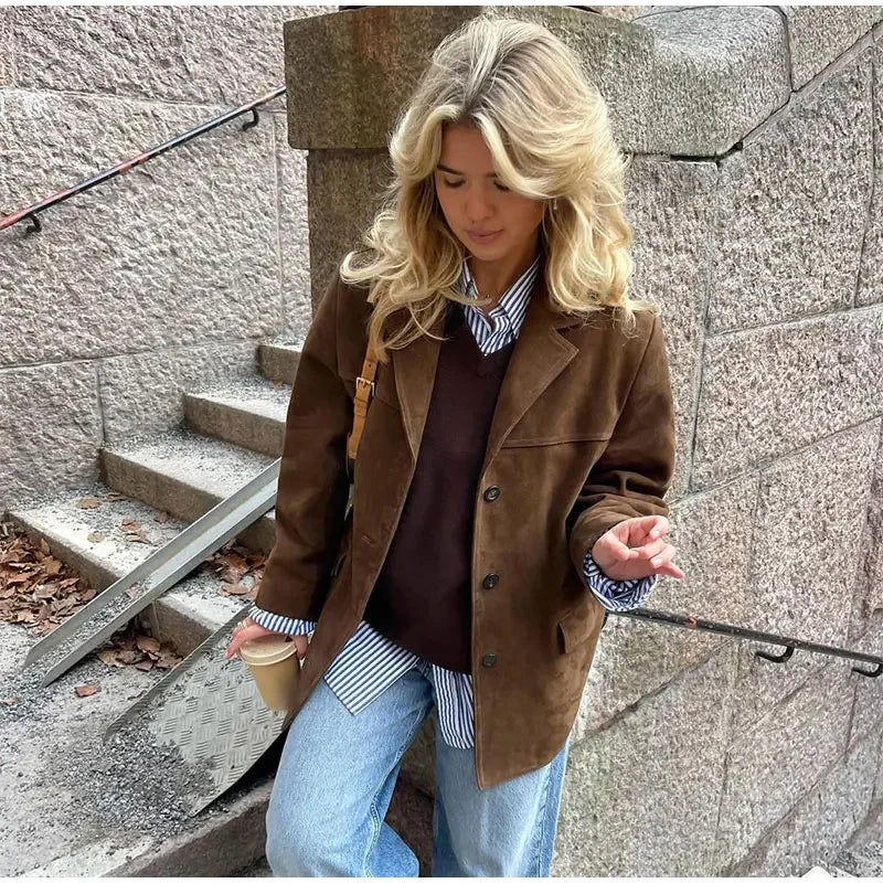 Chic Brown Suede Single-Breasted Jacket