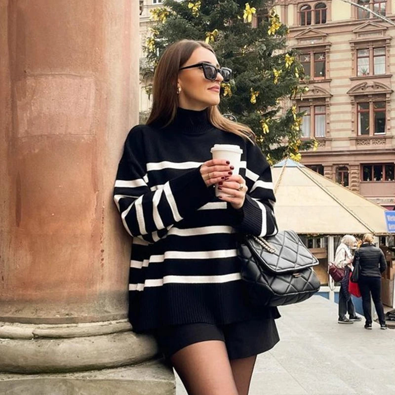 Black and White Striped Turtleneck Knit Sweater