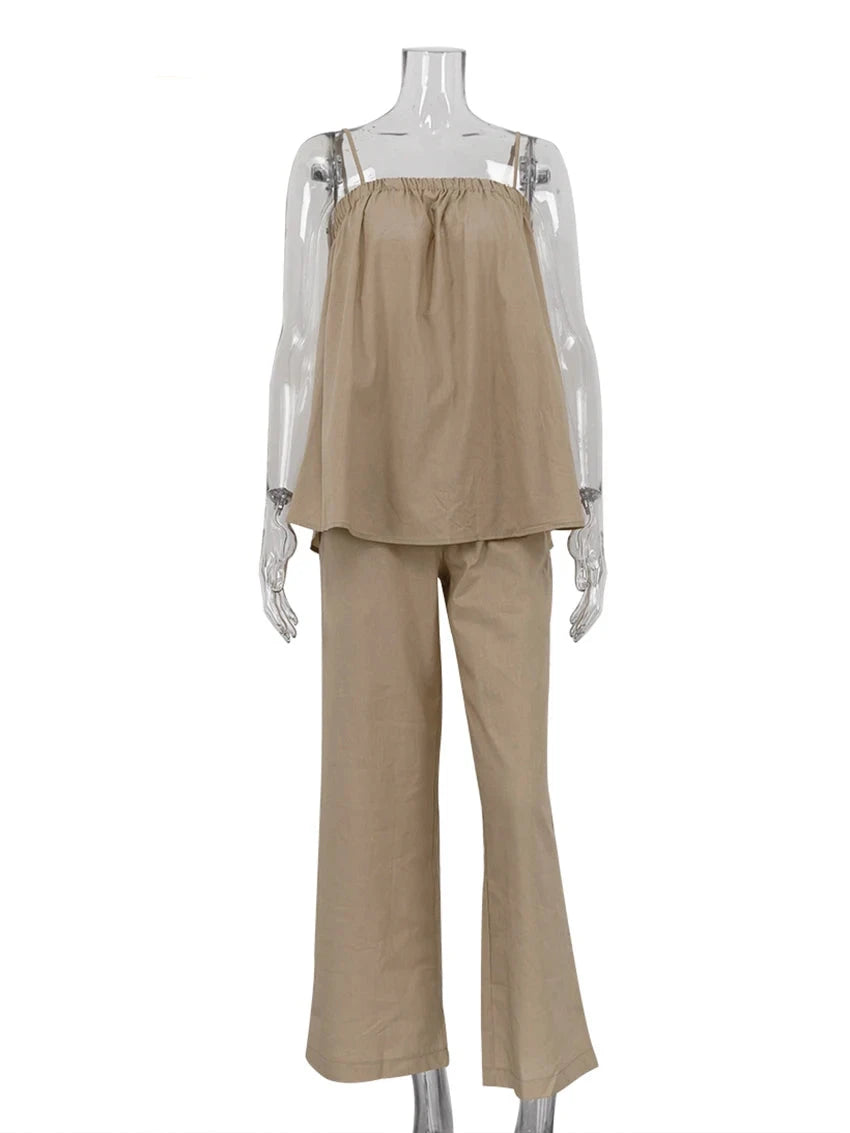 Casual Loose Khaki Sleeveless Tank Top and High-Waist Wide-Leg Pants Set