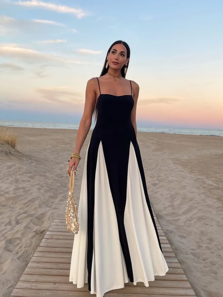 Black & White Contrast Backless Maxi Dress