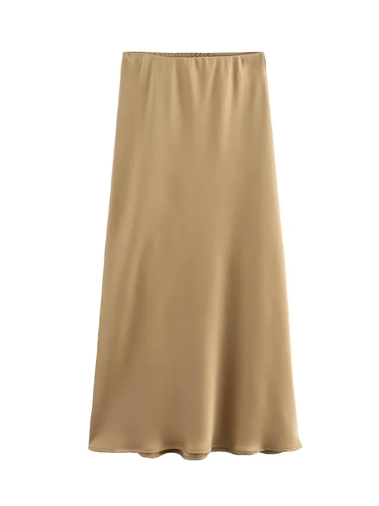 Satin Solid Pleated Vintage Midi Skirt