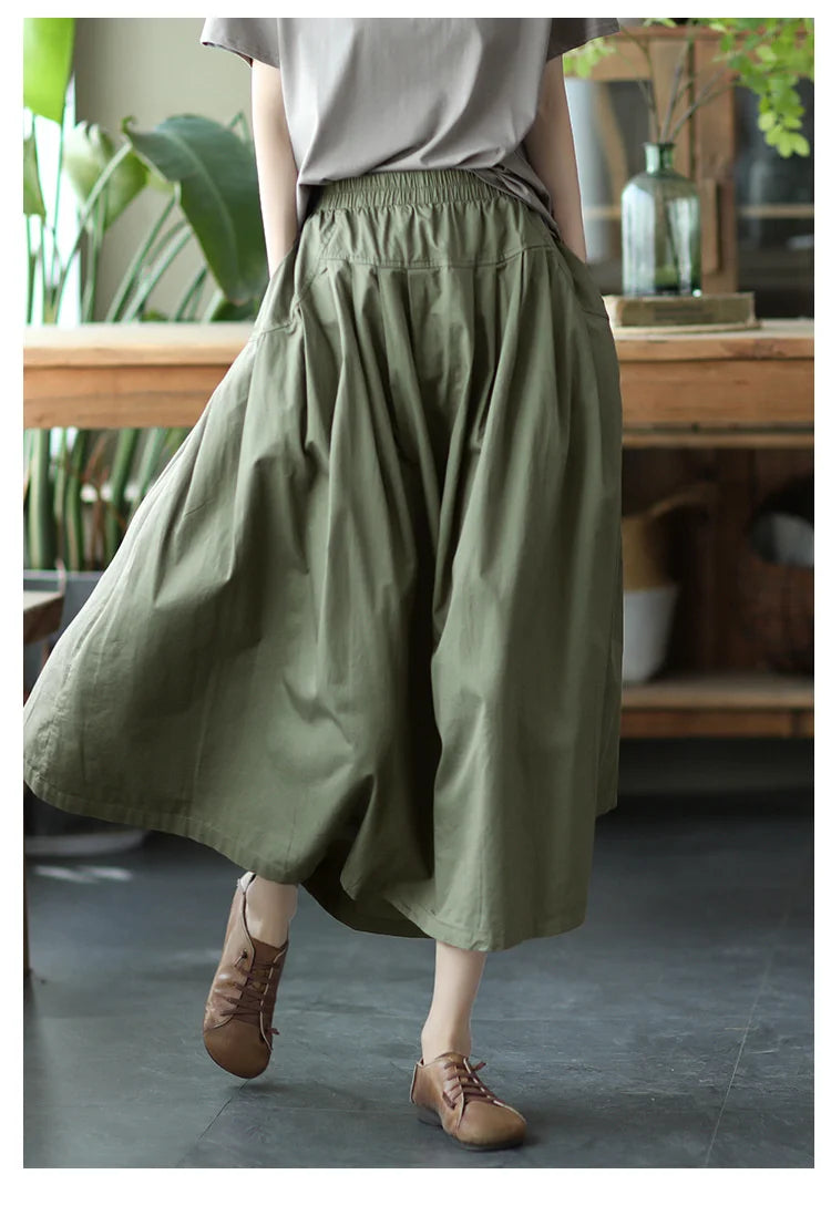 Khaki A-Line Elastic Waist Long Skirt - Vintage Streetwear