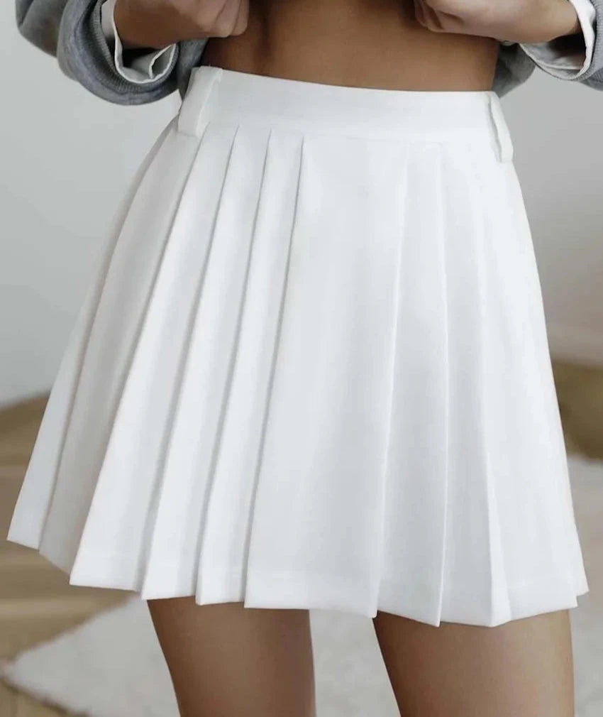 Casual White High Waisted Pleated Skirt