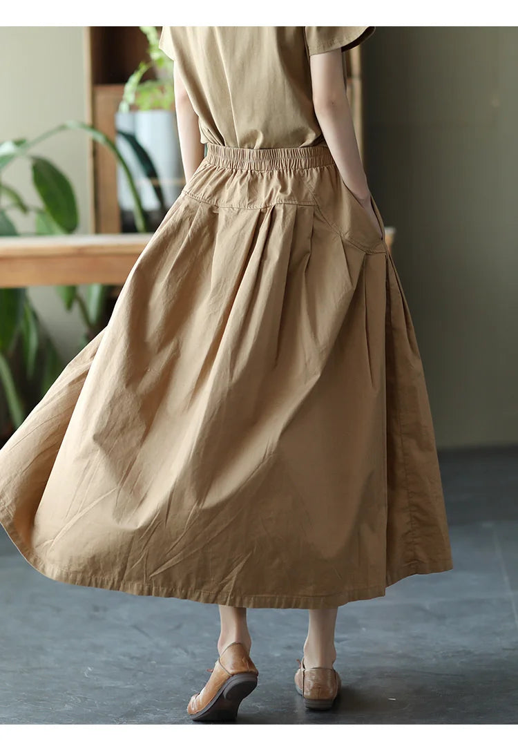 Khaki A-Line Elastic Waist Long Skirt - Vintage Streetwear