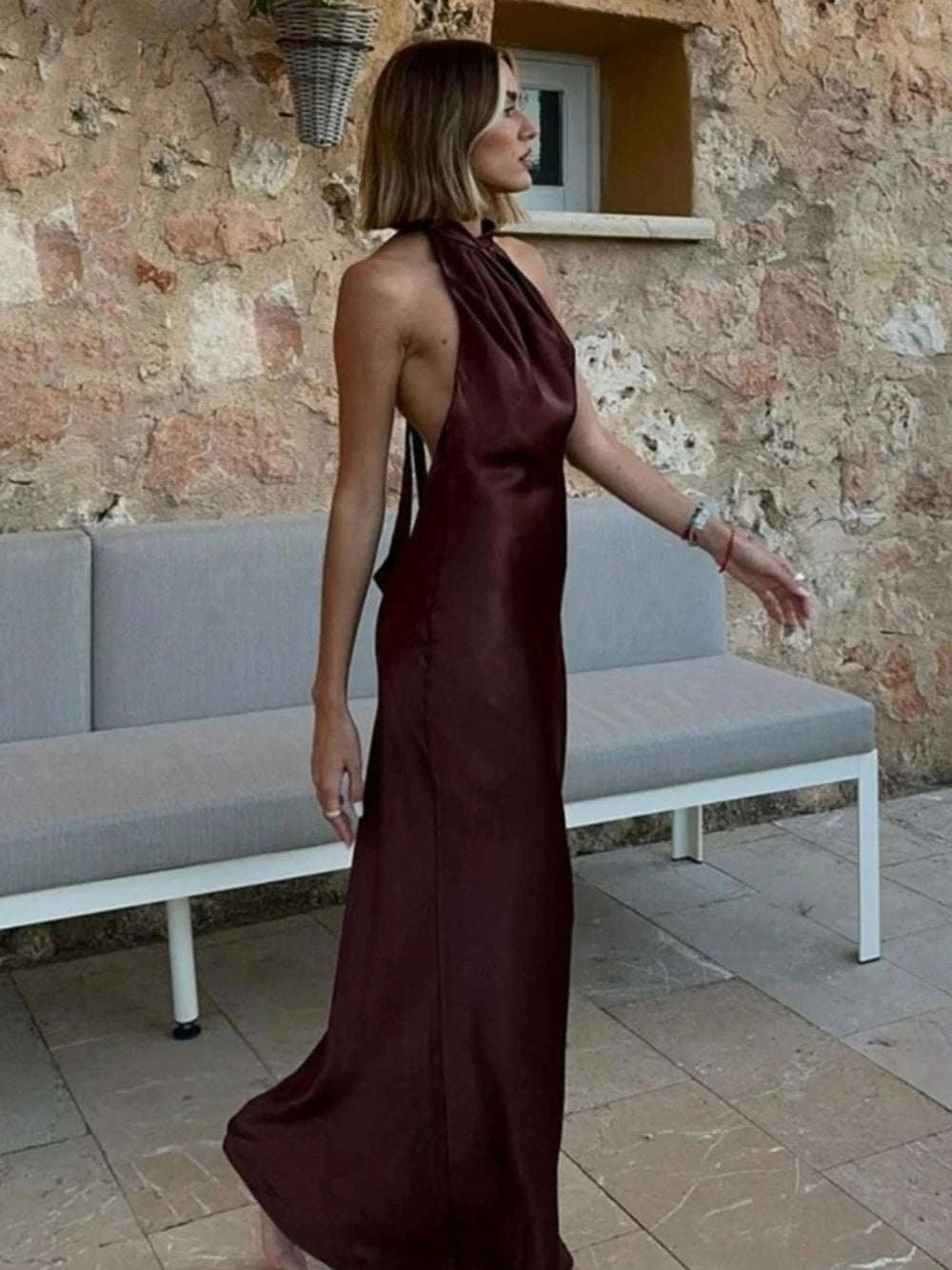 Solid Satin Backless Strappy Evening Dress