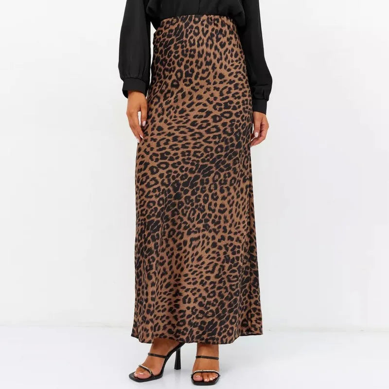 Satin Leopard Print Long Skirt