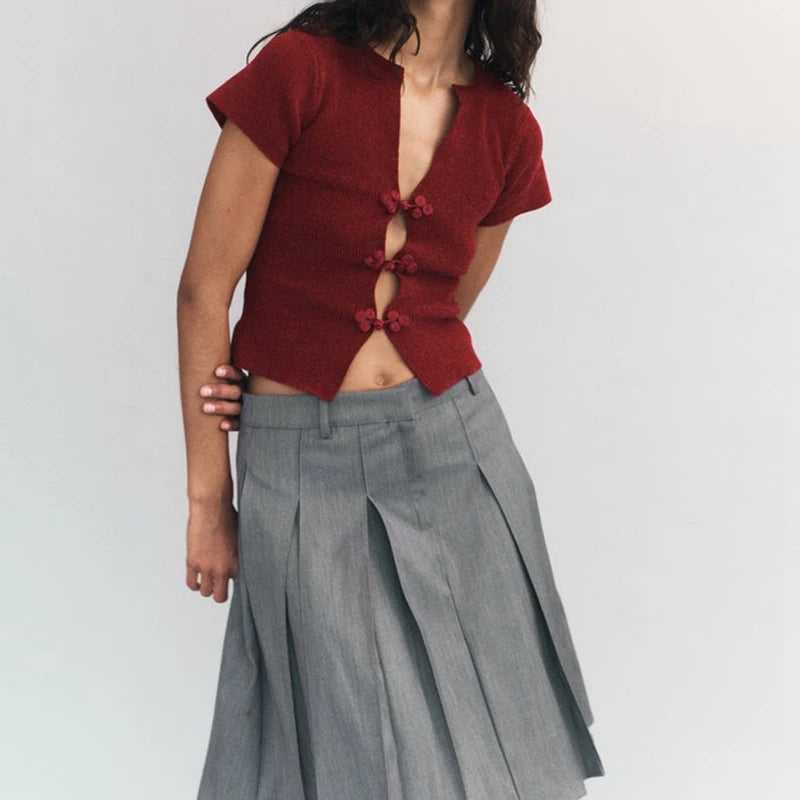 Vintage Buckle Front V-Neck Crop Top