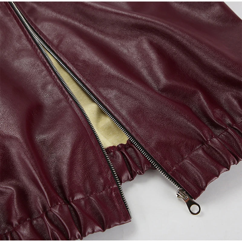 Wine Red Leather Zipper Motorcycle Jacket