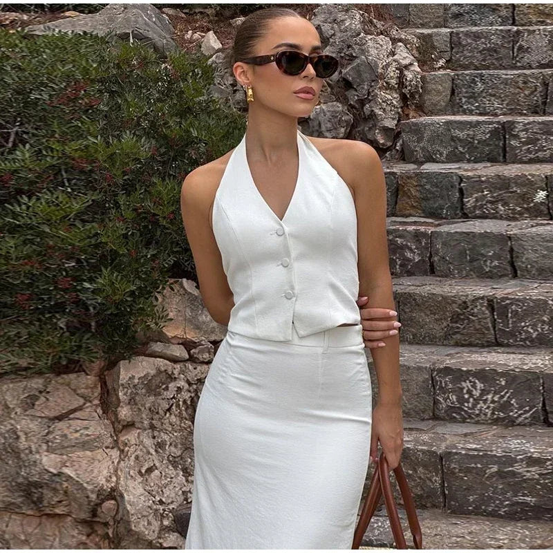 2 Piece Single Breasted Backless Bandage Vest + Split Long Skirt