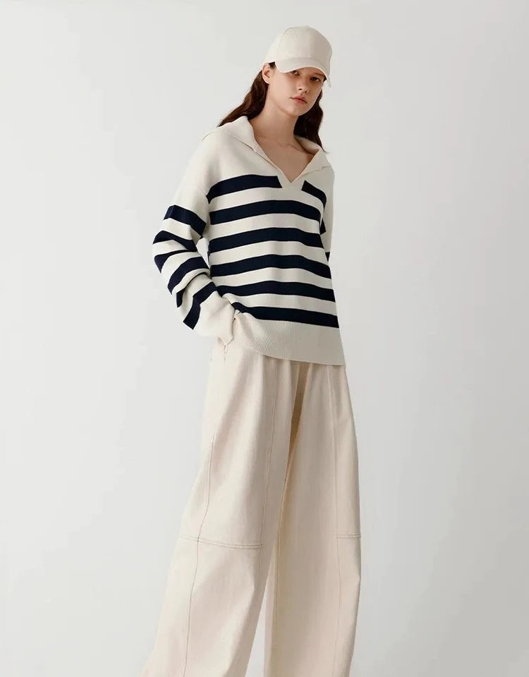 Striped Cashmere Polo Collar Sweater