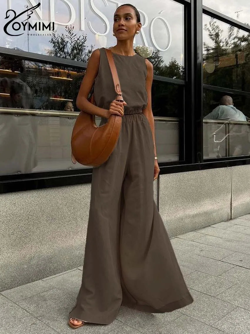 Brown Cotton Sleeveless Crop Top and High-Waist Slit Trousers Set