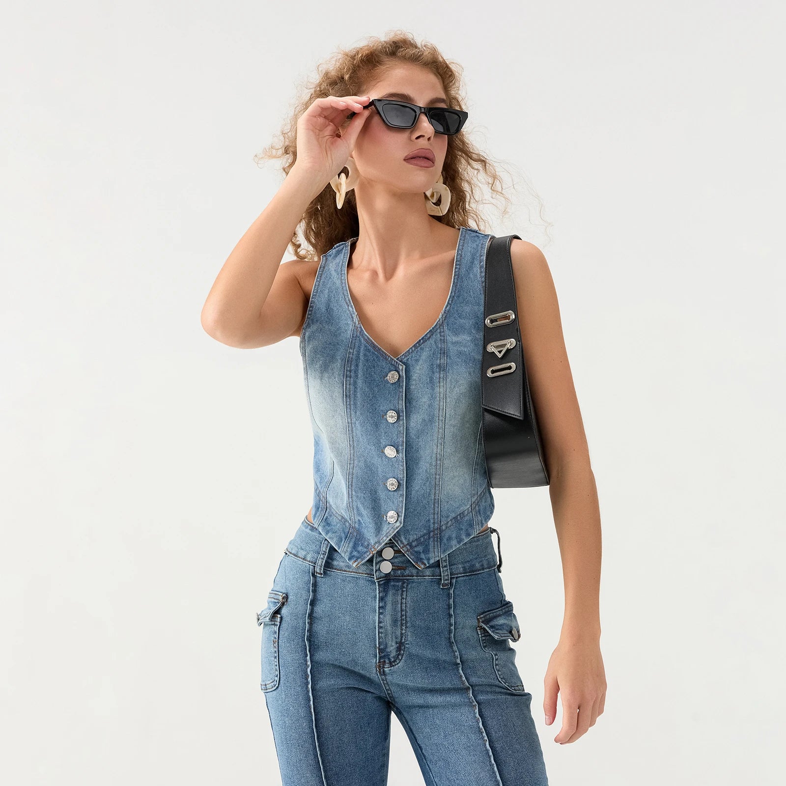 Sleeveless Denim V-Neck Button-Down Vest