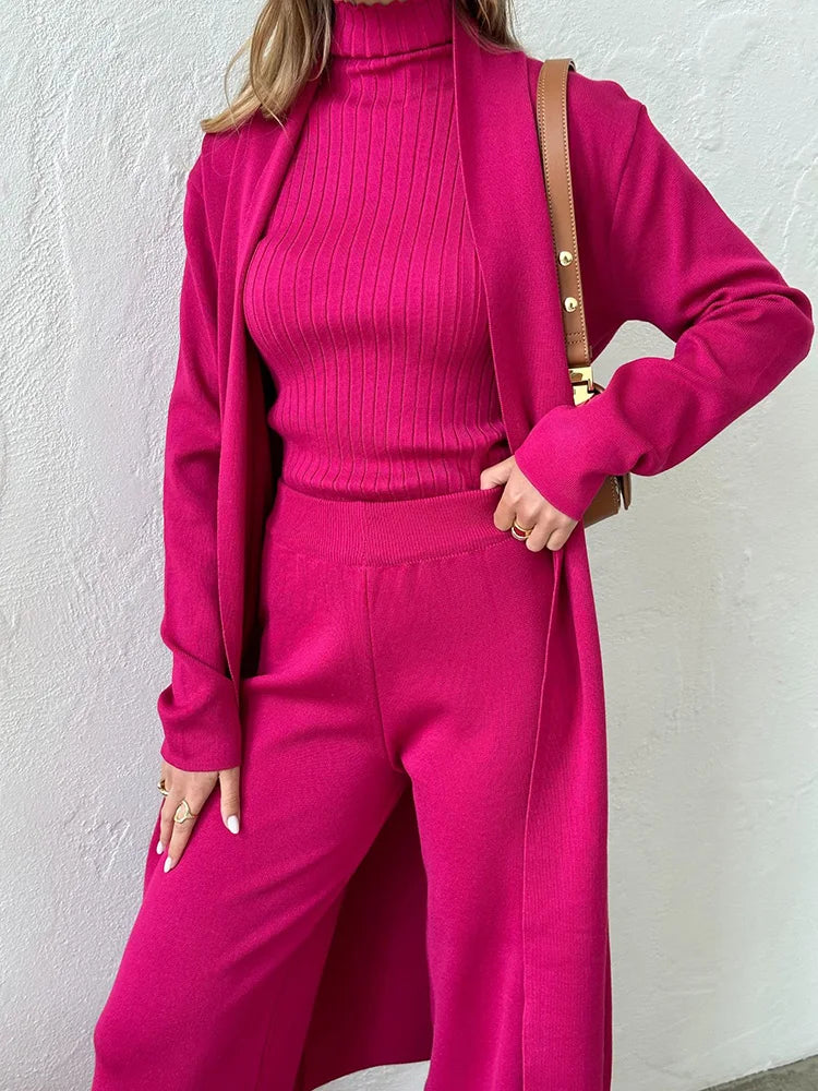 3-Piece Knitted Set - Turtleneck Vest, Long Cardigan, and Pants