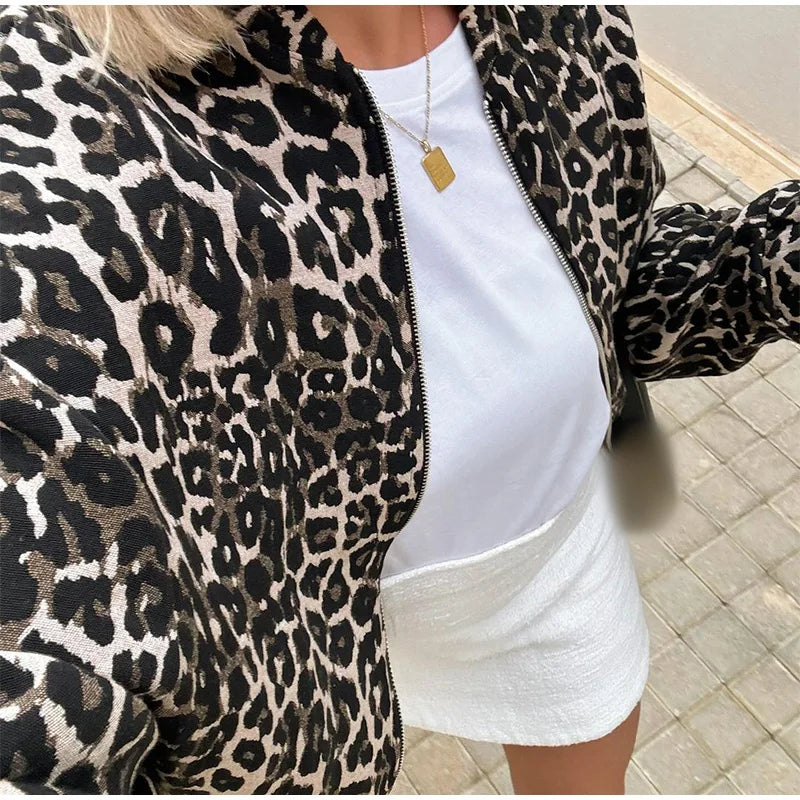 Retro Leopard Print O-Neck Zipper Jacket