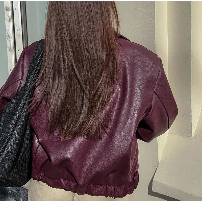 Wine Red Leather Zipper Motorcycle Jacket