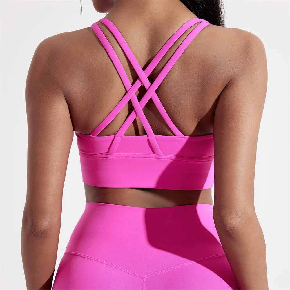 Solid Color Cross Back Sports Bra with Chest Pad