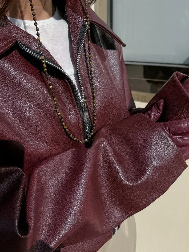 Wine Red Leather Zipper Motorcycle Jacket