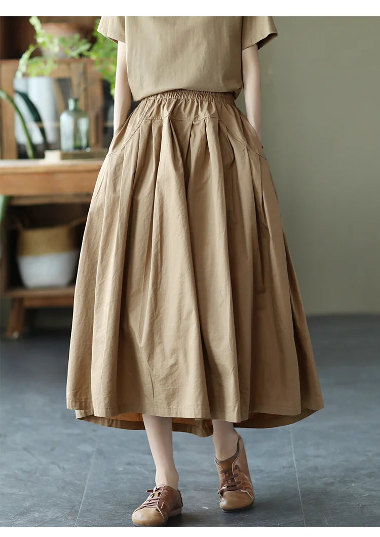 Khaki A-Line Elastic Waist Long Skirt - Vintage Streetwear