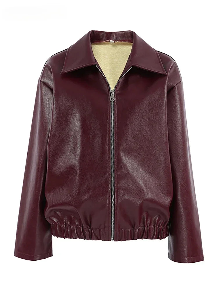 Wine Red Leather Zipper Motorcycle Jacket