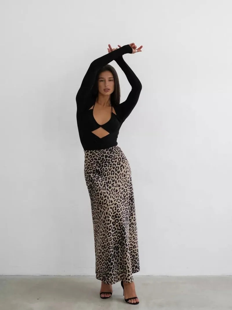 Satin Leopard Print Long Skirt