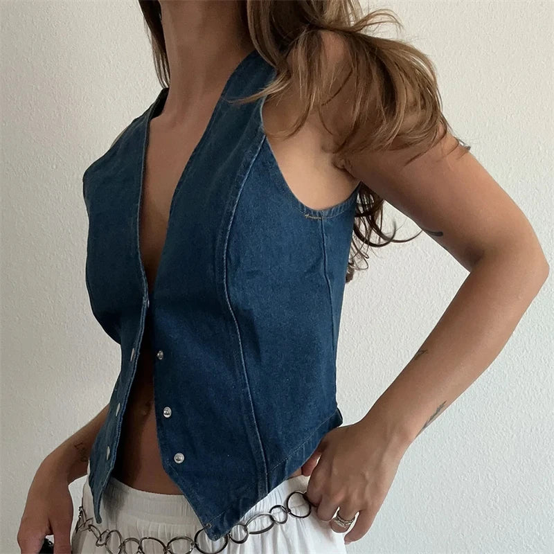 Vintage V-Neck Button-Up Denim Waistcoat