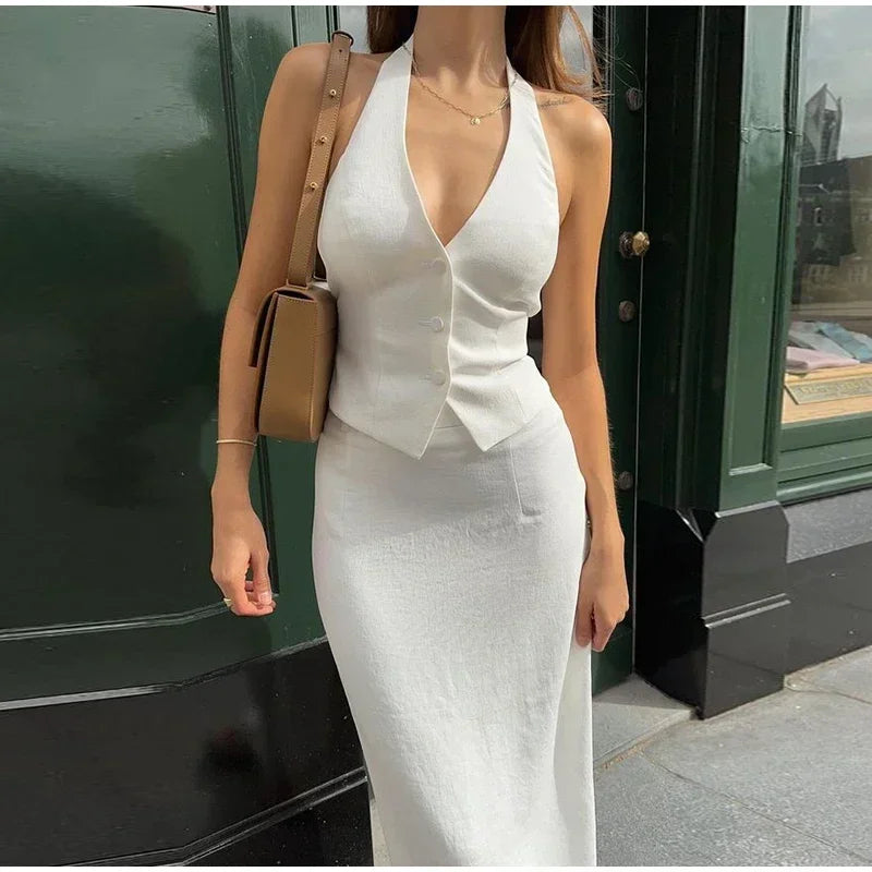 2 Piece Single Breasted Backless Bandage Vest + Split Long Skirt