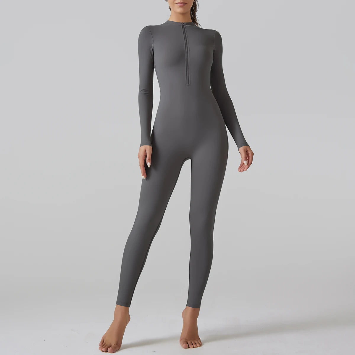 One-Piece Zipper Leggings Jumpsuit - Long Sleeve Push-Up Fitness Bodysuit