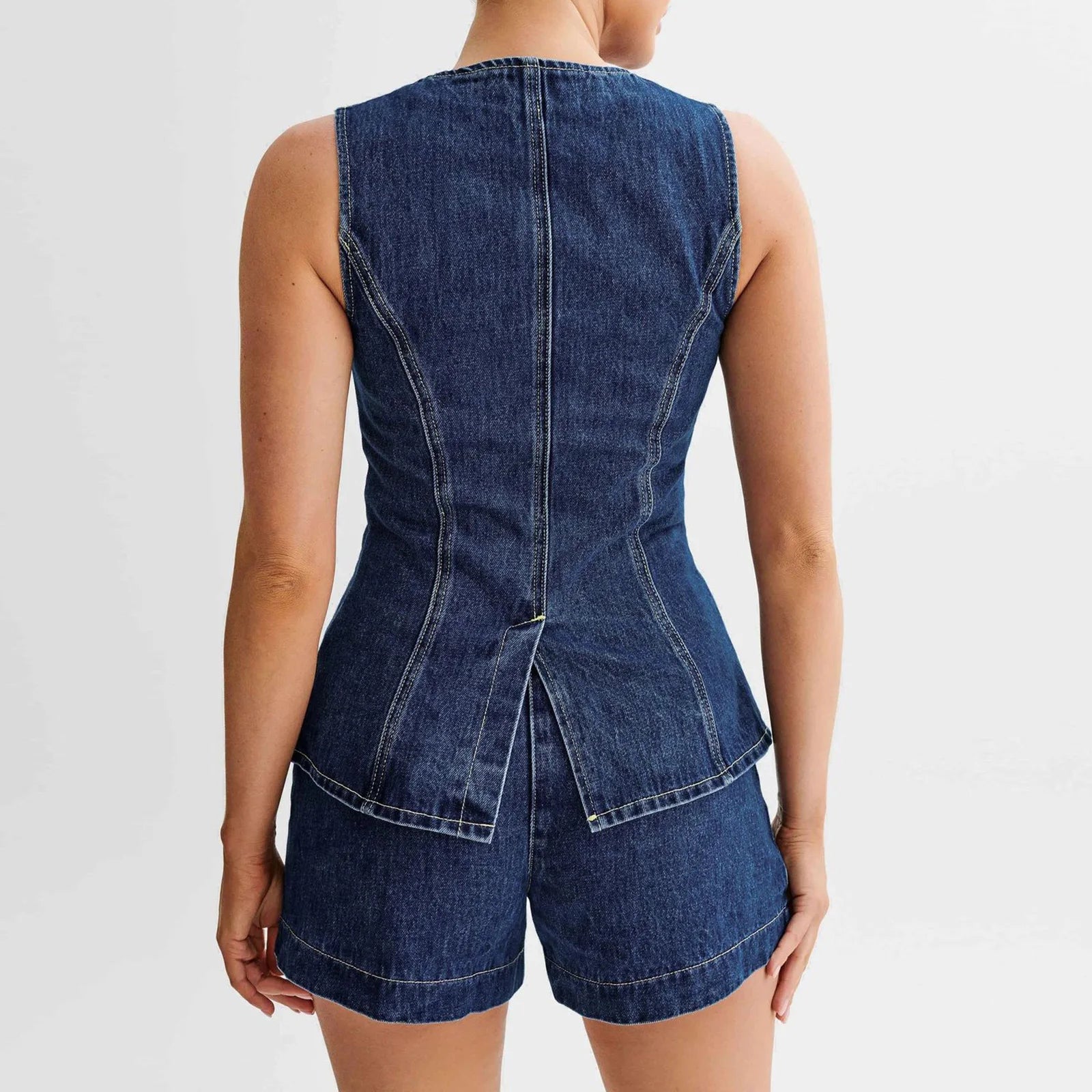 Vintage Denim Long Vest - Button-Up Sleeveless Slim Fit Waistcoat