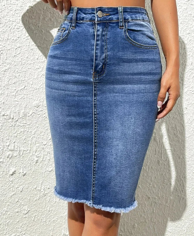 Elegant Denim Mid Length Skirt